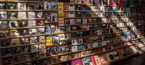 Wall of records at the local Austin business, Waterloo Records.