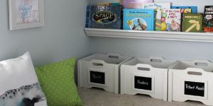 Alt tag: Organized toy bins and shelves for books in a back-to-school-ready home.