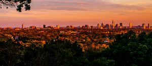 Northwest view of the downtown Austin, Texas, skyline at sunset